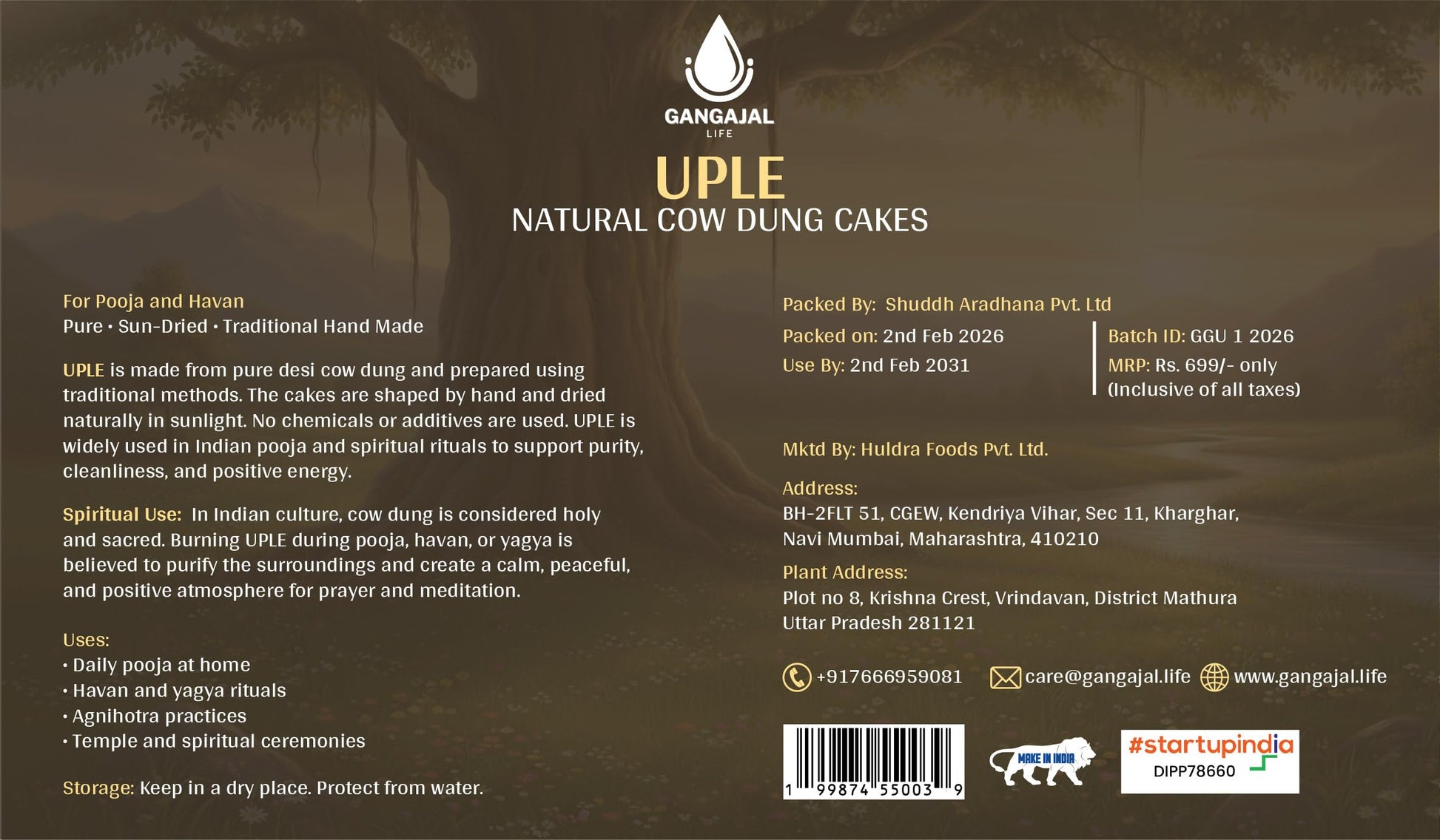 Gangajallife Gokula Pure Gobar (Pack of 1 Kg) Upla/Uple/Kande Dry Cakes for Homa/Hawan/Puja/Rituals - Handmade Cow Dung Cakes - Gangajallife Shop
